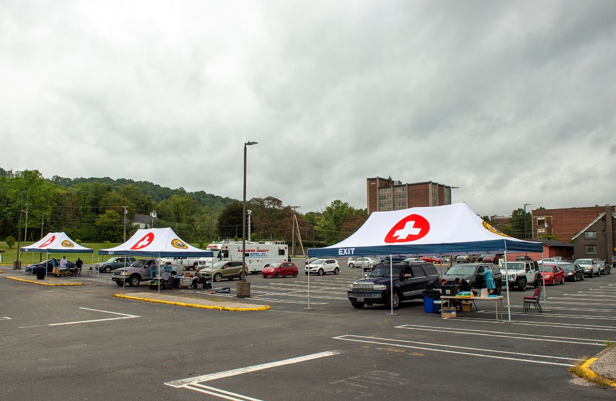 Photograph of 3 Rows of Drive-Through Testing at West Virginia State University