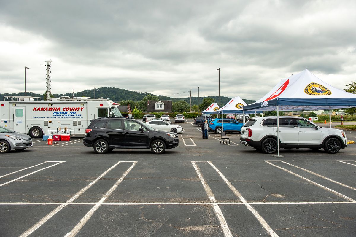 Close-Up Photograph of 3 Rows of Drive-Through Testing at West Virginia State University